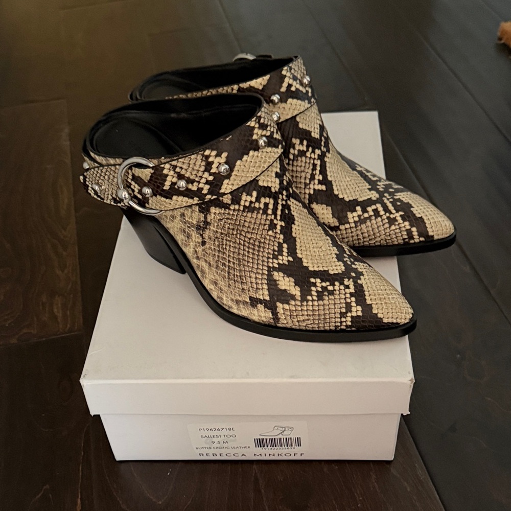 Rebecca Minkoff Sallest Too Black and Tan Snake Print Mules
